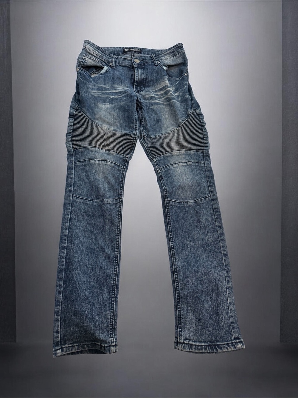 Men's Blue Washed Moto Jeans